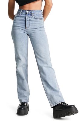 Topshop Kort High Waist Straight Leg Jeans in Light Blue