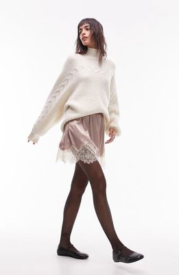 Topshop Lace Hem Satin Skirt in Beige