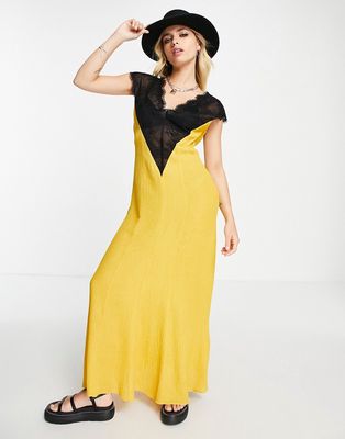 Topshop lace trim deep V midi dress in mustard-Yellow