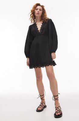 Topshop Lace Trim Long Sleeve Linen & Cotton Minidress in Black