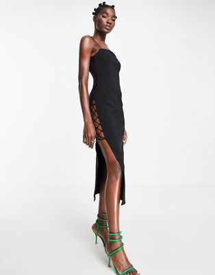 Topshop lace up body-conscious midi dress in black