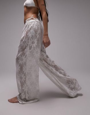 Topshop lace wide leg beach pants in white
