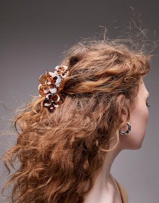Topshop large flower hair claw in tortoiseshell-Brown