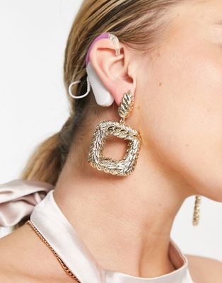Topshop leaf texture square drop earrings in gold