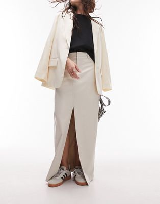 Topshop leather look denim styled maxi skirt in ecru-Neutral