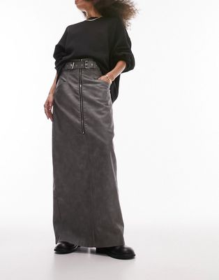 Topshop leather look high waisted maxi skirt in silver gray
