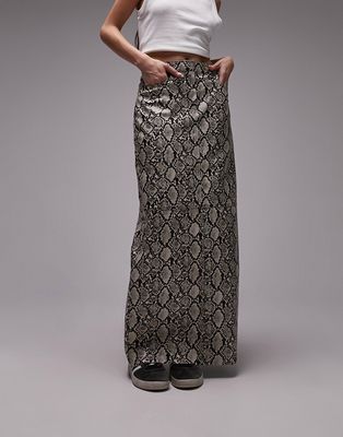 Topshop leather-look maxi skirt in gray snake print-Multi