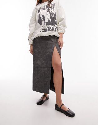 Topshop leather look split seam midi skirt in distressed gray