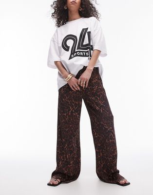 Topshop leopard print satin straight leg tie waist pants in light leopard-Multi