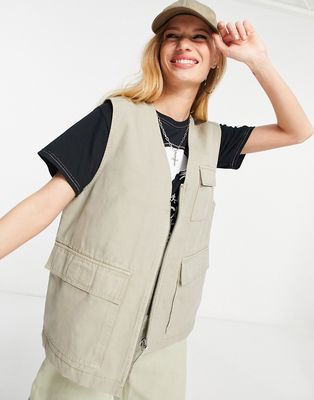 Topshop lightweight zip through utility vest in camel-Brown