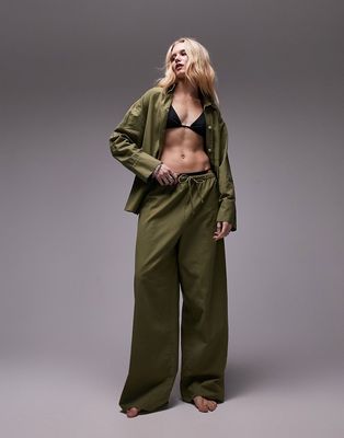 Topshop linen blend beach pants in khaki-Green