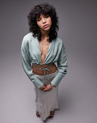 Topshop linen tie waist stripe crop shirt in ivory-White
