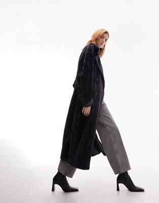 Topshop long-line fluffy trench coat in rich navy