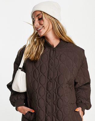 Topshop long line quilted liner jacket in chocolate-Brown