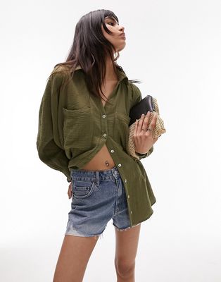 Topshop long sleeve casual shirt in olive-Green