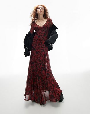 Topshop long sleeve maxi dress in rose print-Multi