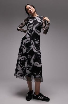 Topshop Long Sleeve Mesh Midi Dress in Black Multi