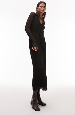 Topshop Long Sleeve Plissé Midi Shirtdress in Black