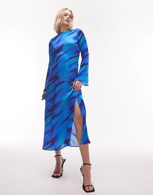 Topshop long sleeve seam detail maxi occasion dress in abstract blue print