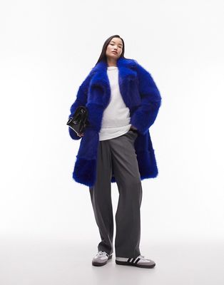 Topshop longline faux fur coat in bright blue