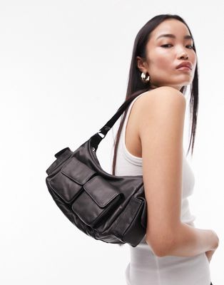 Topshop Lucia leather multi pocket shoulder bag in black