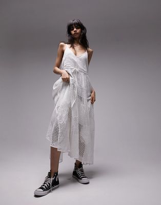 Topshop maxi crochet midi dress in ivory-White