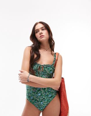 Topshop meadow print frill trim swimsuit in green-Multi