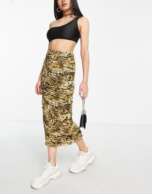 Topshop mesh animal print ruched midi skirt in neutral