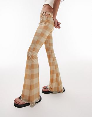 Topshop mesh flared pants with tie side details in beige check-Neutral