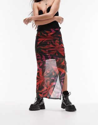 Topshop mesh floral blurred print midi skirt in red and black-Multi