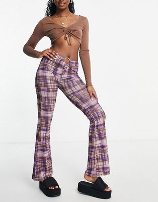 Topshop mesh key hole flared pants in purple grunge check