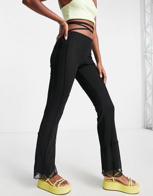 Topshop mesh seamed flared pants with wrap around tie waist in black-Green