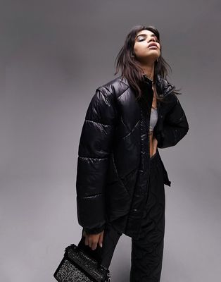 Topshop mid length wet look puffer jacket with zip off sleeves in black