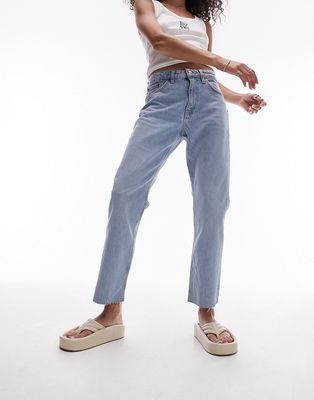 Topshop mid rise straight jeans with raw hem in bleach-Blue