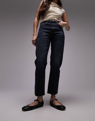 Topshop mid rise straight jeans with raw hem in blue black
