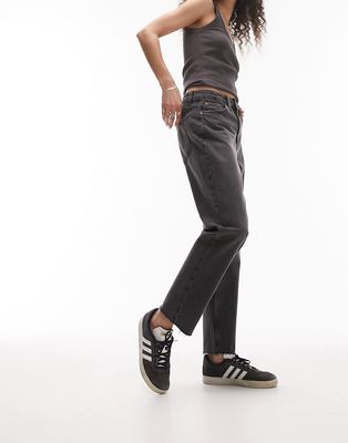 Topshop mid rise straight jeans with raw hem in washed black
