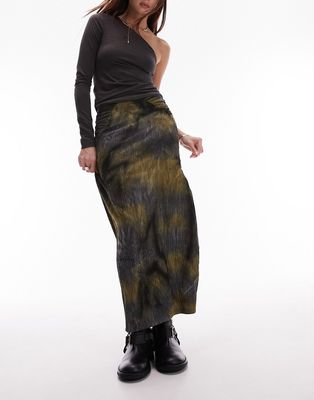 Topshop midi skirt in jersey textured with split front in blurred khaki print-Green