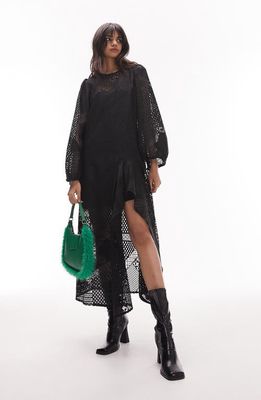 Topshop Mixed Lace Long Sleeve Dress in Black