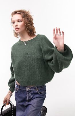 Topshop Mixed Stitch Balloon Sleeve Crop Sweater in Khaki