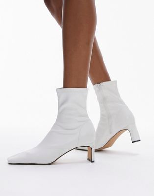 Topshop Naomi square toe mid heel sock boot in white
