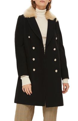 Topshop Nina Faux Fur Collar Double Breasted Coat in Black