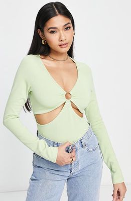 Topshop O-Ring Cutout Long Sleeve Bodysuit in Light Green