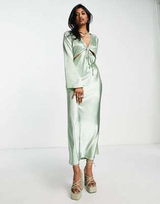 Topshop occasion satin cut out midi dress in sage-Green