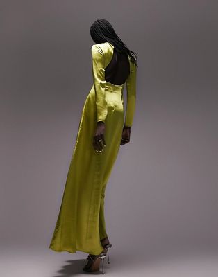 Topshop open back long sleeve satin occasion maxi dress in chartreuse-Green