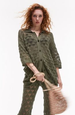 Topshop Open Stitch Cotton Cardigan in Mid Green