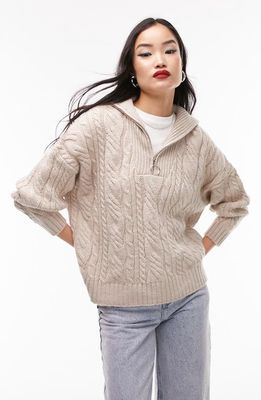 Topshop Oversize Cable Knit Half Zip Sweater in Oat