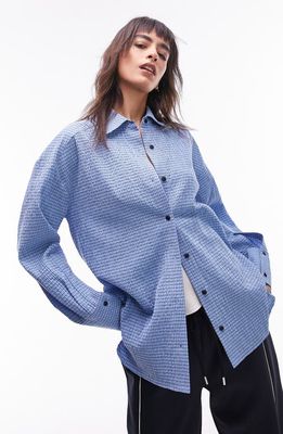 Topshop Oversize Check Textured Cotton Button-Up Shirt in Mid Blue