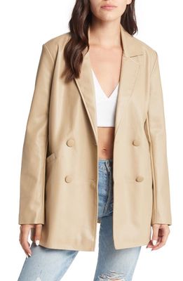 Topshop Oversize Double Breasted Faux Leather Blazer in Brown