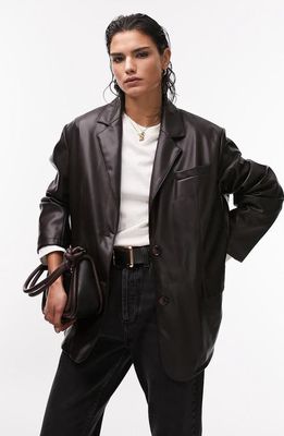 Topshop Oversize Faux Leather Blazer in Brown