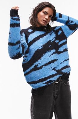 Topshop Oversize Fuzzy Crewneck Sweater in Blue Multi